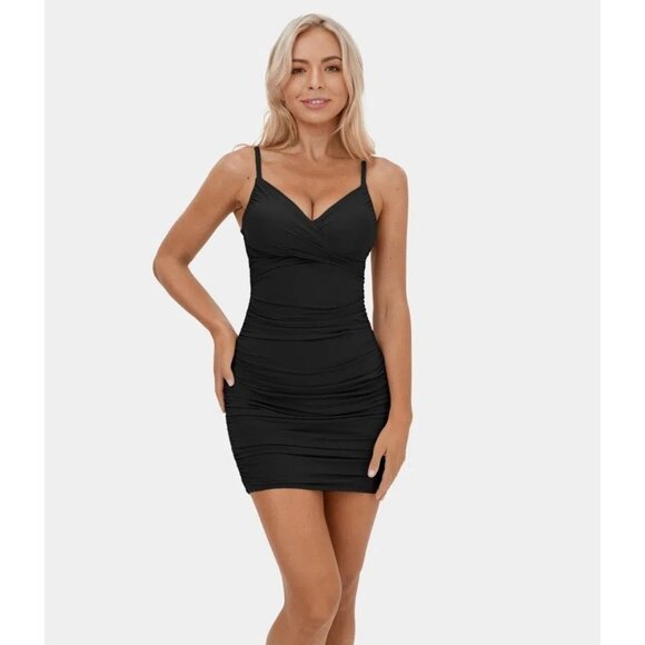 Halara Deep V Neck Adjustable Strap Ruched Bodycon Mini Casual Dress Black S - Picture 1 of 9